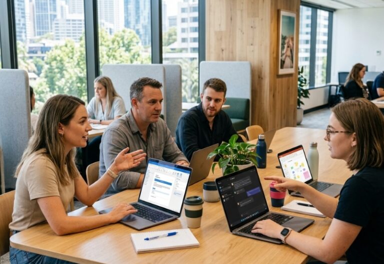Australian team comparing Microsoft Copilot and ChatGPT for workplace tasks on laptops in a modern office.