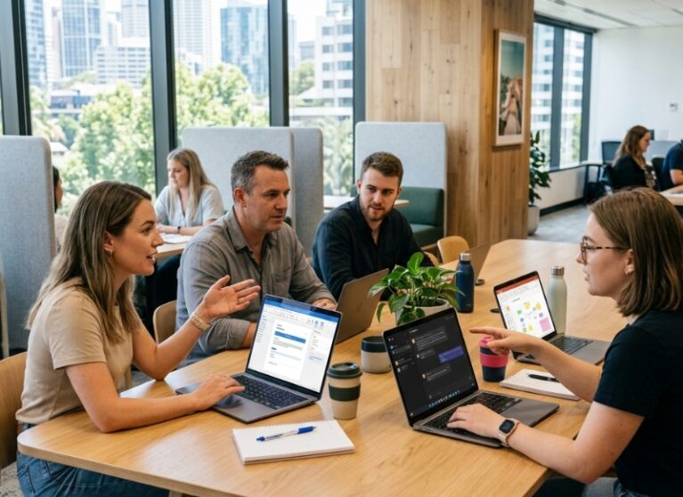 Australian team comparing Microsoft Copilot and ChatGPT for workplace tasks on laptops in a modern office.
