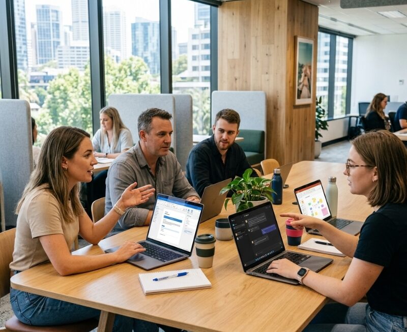 Australian team comparing Microsoft Copilot and ChatGPT for workplace tasks on laptops in a modern office.