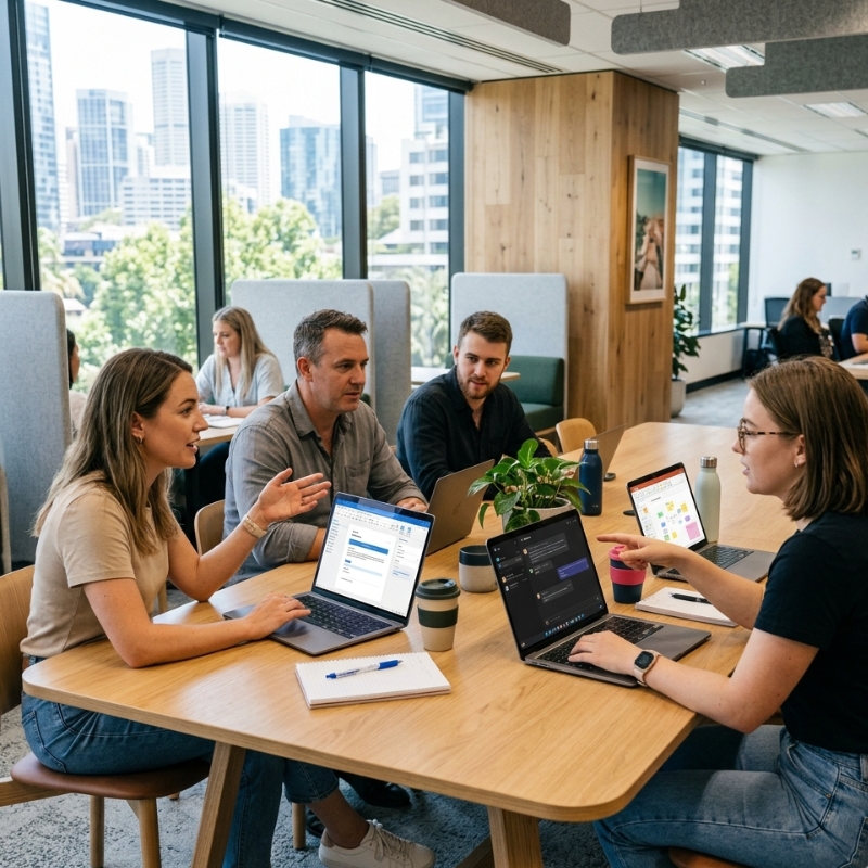 Australian team comparing Microsoft Copilot and ChatGPT for workplace tasks on laptops in a modern office.