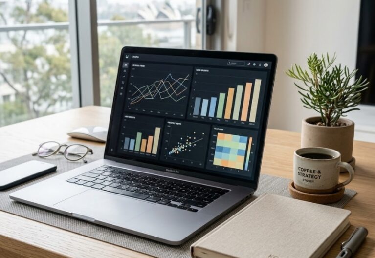 Google Search Console monthly checklist concept shown as analytics charts on a laptop