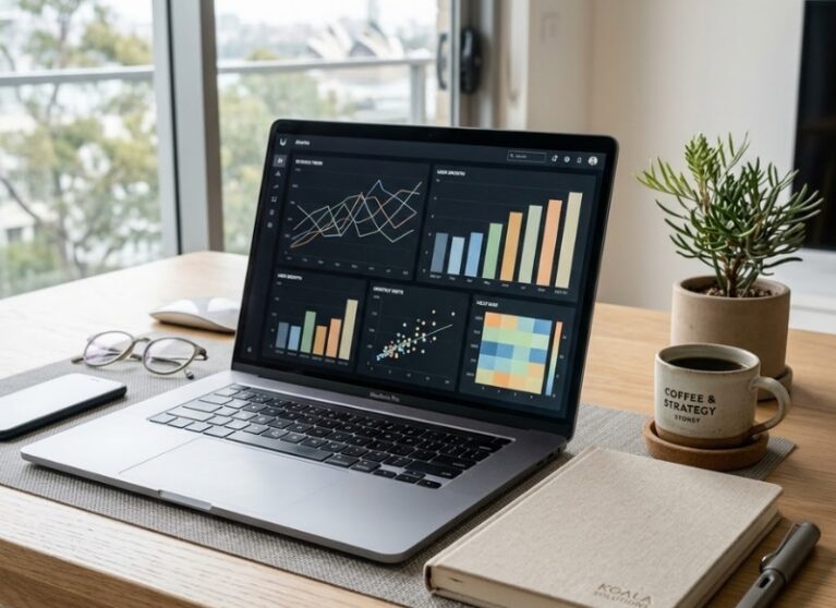 Google Search Console monthly checklist concept shown as analytics charts on a laptop