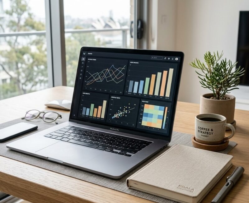 Google Search Console monthly checklist concept shown as analytics charts on a laptop