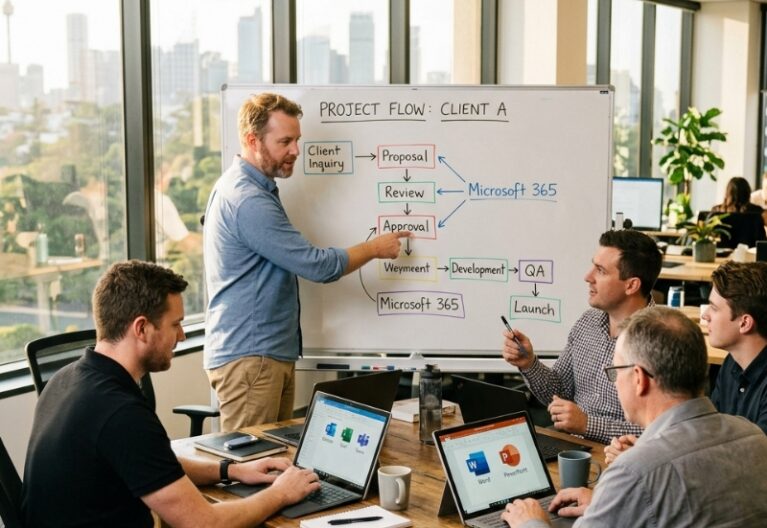 Australian small business team using Microsoft Copilot in Microsoft 365 to streamline a workflow
