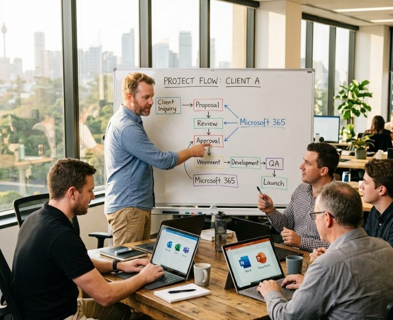 Australian small business team using Microsoft Copilot in Microsoft 365 to streamline a workflow