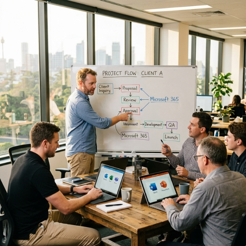 Australian small business team using Microsoft Copilot in Microsoft 365 to streamline a workflow