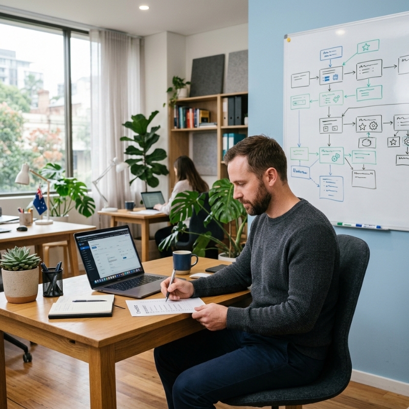 SME owner prioritising ChatGPT automation workflows using a simple framework in an Australian office