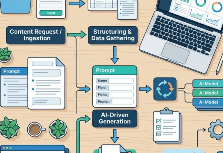 Illustration of ChatGPT automation workflows showing structured prompts, inputs and handoffs in a streamlined AI process