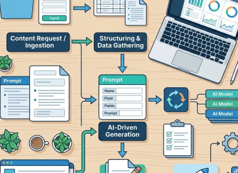 Illustration of ChatGPT automation workflows showing structured prompts, inputs and handoffs in a streamlined AI process