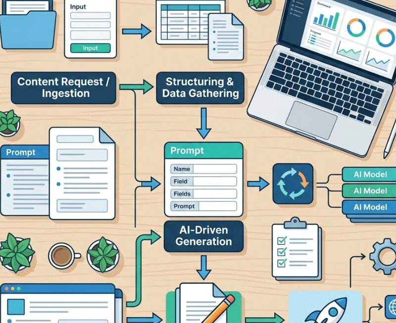Illustration of ChatGPT automation workflows showing structured prompts, inputs and handoffs in a streamlined AI process