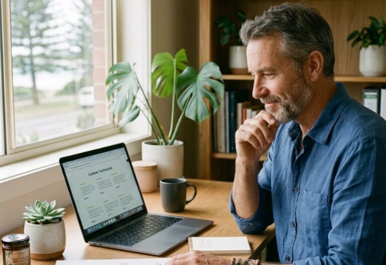 Australian small business owner improving website trust signals by reviewing testimonials and content quality.