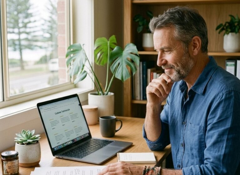Australian small business owner improving website trust signals by reviewing testimonials and content quality.