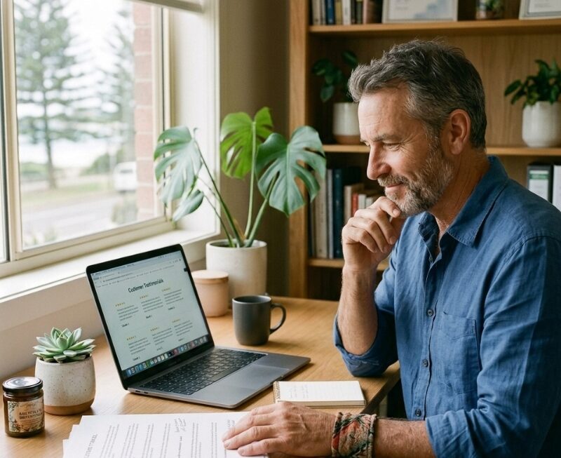 Australian small business owner improving website trust signals by reviewing testimonials and content quality.