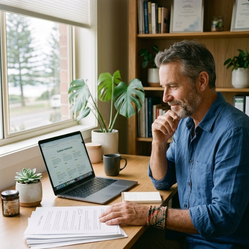 Australian small business owner improving website trust signals by reviewing testimonials and content quality.