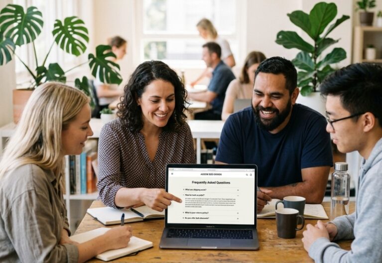 Australian business team reviewing a website FAQ strategy and question list on a laptop.