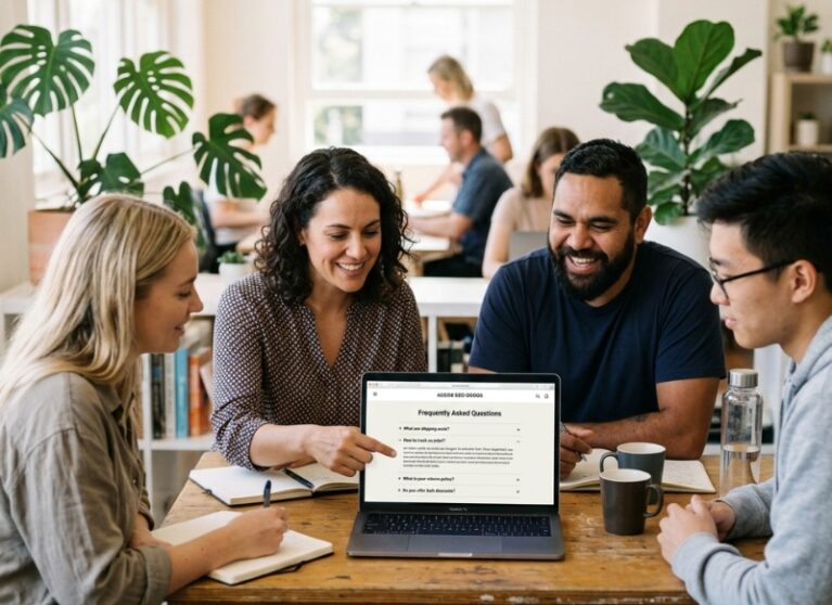 Australian business team reviewing a website FAQ strategy and question list on a laptop.