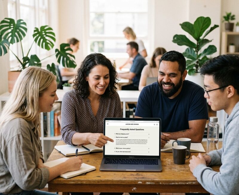 Australian business team reviewing a website FAQ strategy and question list on a laptop.