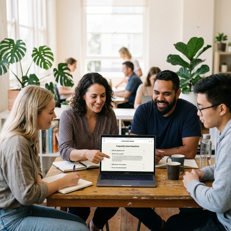 Australian business team reviewing a website FAQ strategy and question list on a laptop.