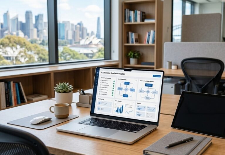 Perplexity AI automation readiness checklist displayed on a laptop in a modern Australian office workspace