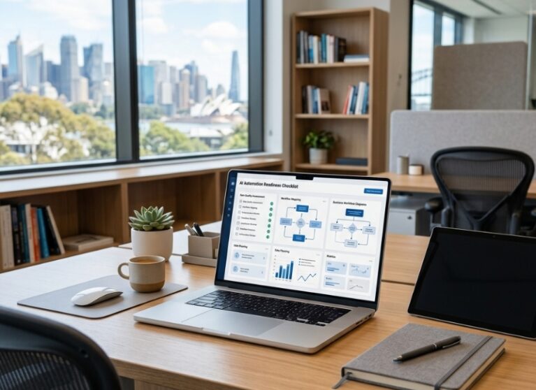 Perplexity AI automation readiness checklist displayed on a laptop in a modern Australian office workspace