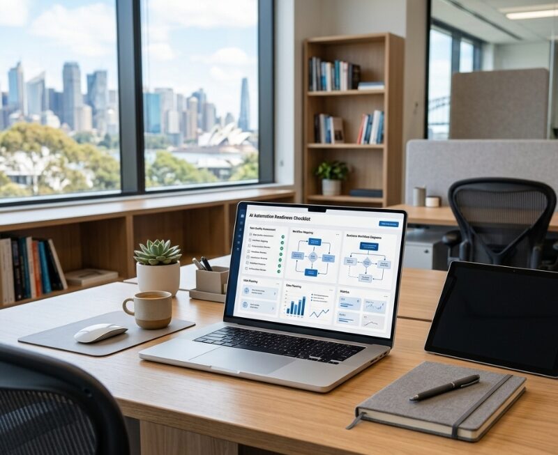 Perplexity AI automation readiness checklist displayed on a laptop in a modern Australian office workspace