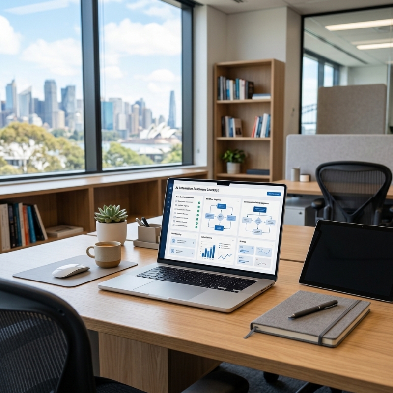 Perplexity AI automation readiness checklist displayed on a laptop in a modern Australian office workspace