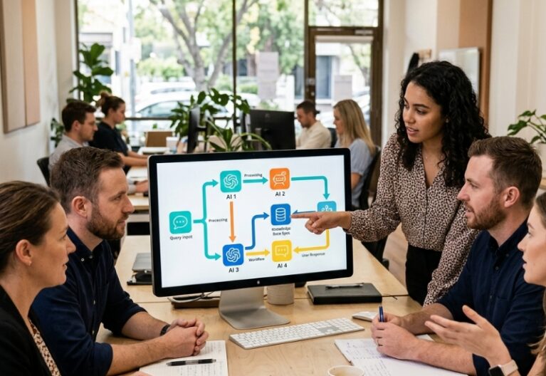 Team in Australian office checking AI automation quality metrics powered by Gemini.