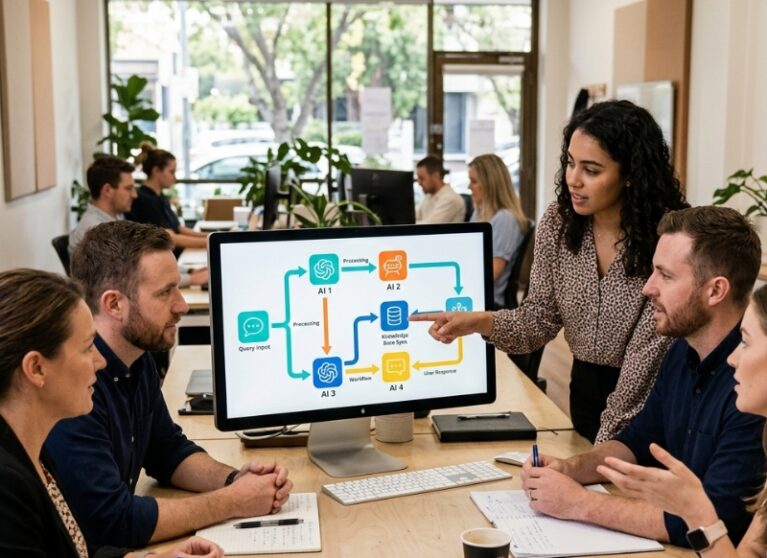 Team in Australian office checking AI automation quality metrics powered by Gemini.