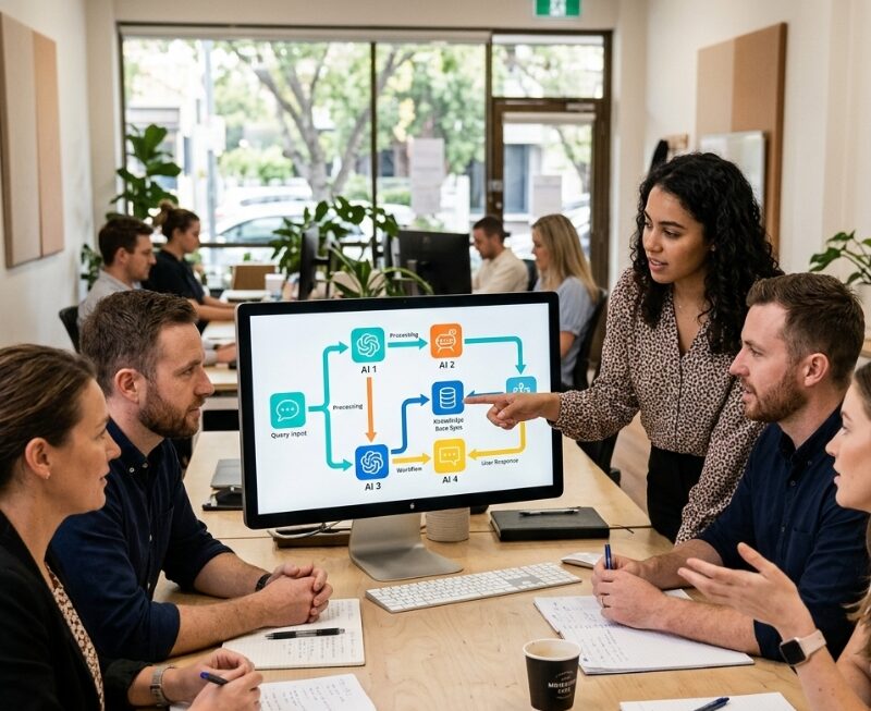Team in Australian office checking AI automation quality metrics powered by Gemini.