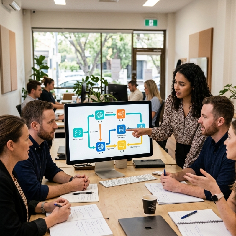 Team in Australian office checking AI automation quality metrics powered by Gemini.