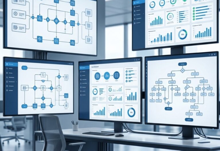 Business workflow diagram with connected process stages, structured data flow, automation checkpoints, compliance tracking, and performance monitoring dashboard