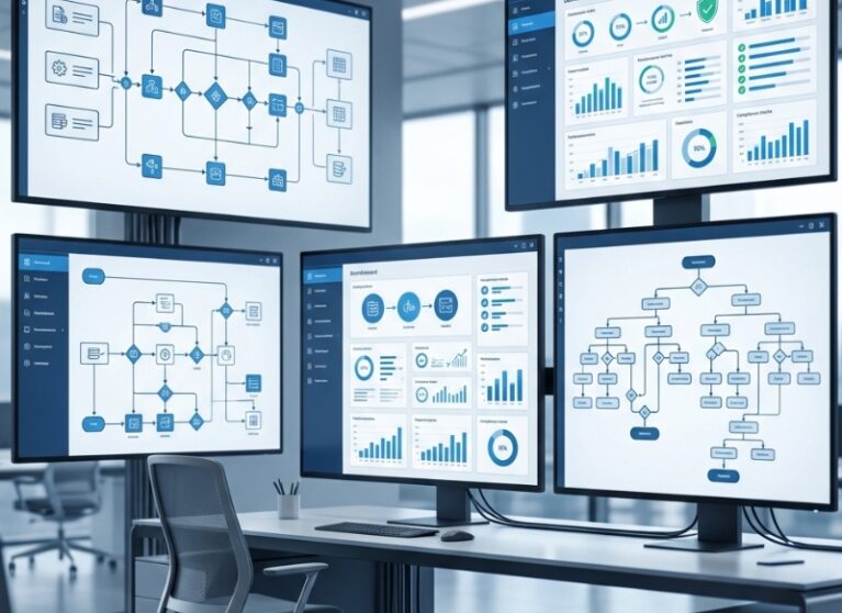 Business workflow diagram with connected process stages, structured data flow, automation checkpoints, compliance tracking, and performance monitoring dashboard