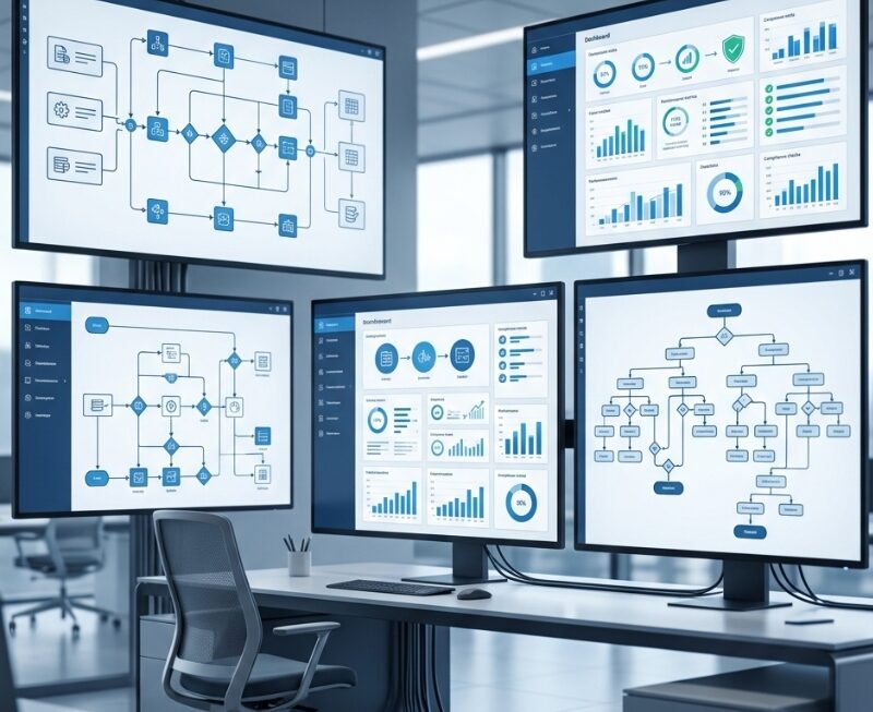 Business workflow diagram with connected process stages, structured data flow, automation checkpoints, compliance tracking, and performance monitoring dashboard