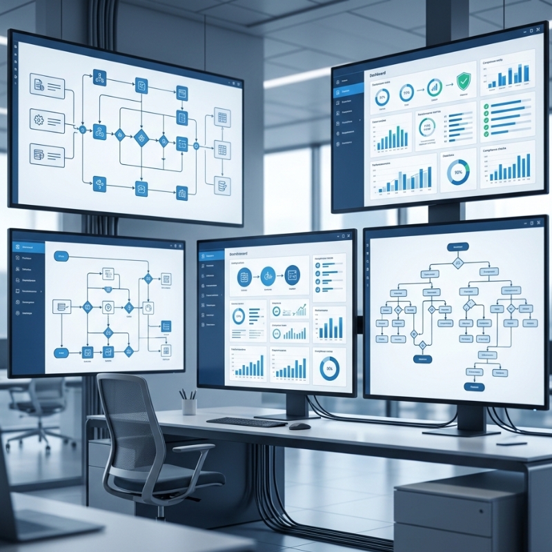 Business workflow diagram with connected process stages, structured data flow, automation checkpoints, compliance tracking, and performance monitoring dashboard
