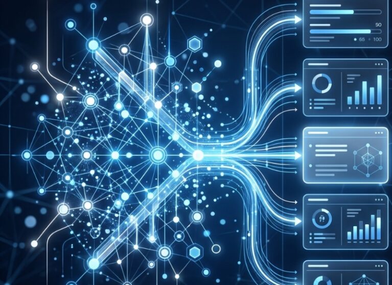 Abstract digital search interface showing structured data nodes connecting to AI answer outputs on a clean analytics dashboard