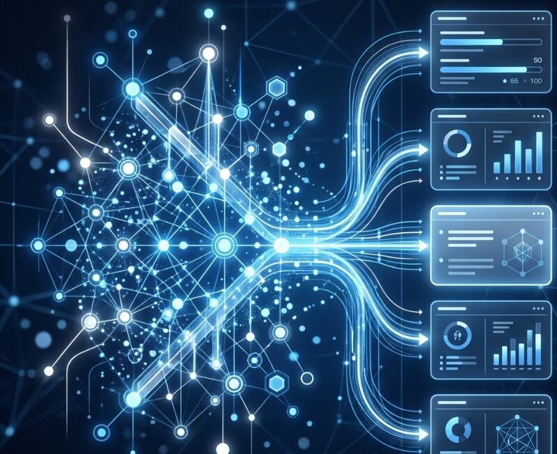 Abstract digital search interface showing structured data nodes connecting to AI answer outputs on a clean analytics dashboard