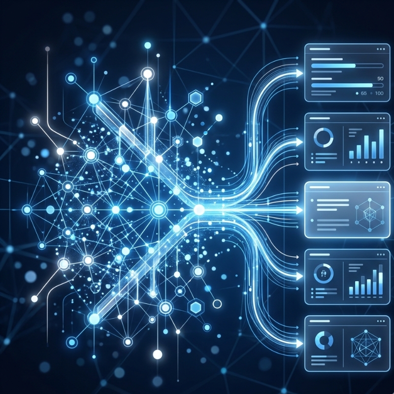 Abstract digital search interface showing structured data nodes connecting to AI answer outputs on a clean analytics dashboard