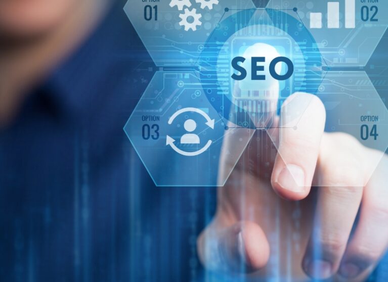 Person interacting with a digital interface highlighting SEO options and technology icons.