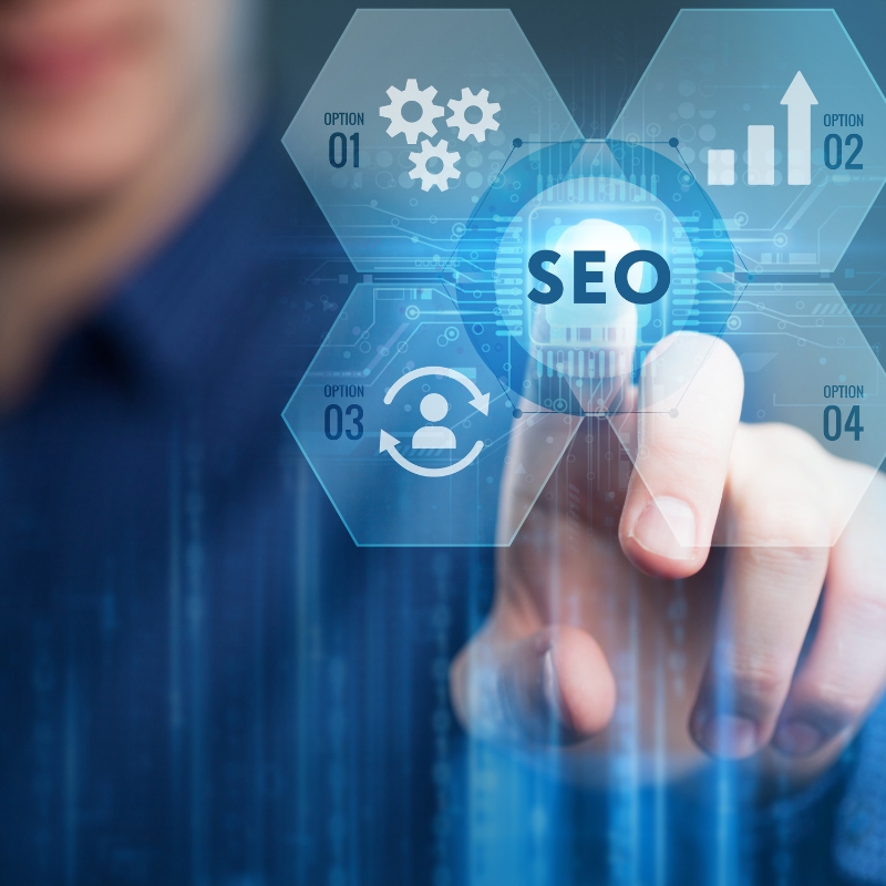 Person interacting with a digital interface highlighting SEO options and technology icons.