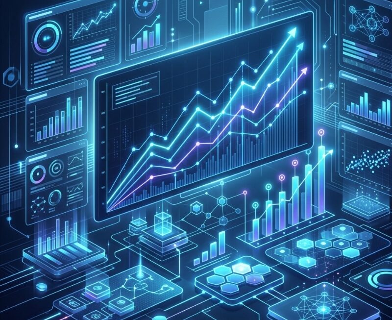 Abstract search engine ranking interface showing rising performance signals.