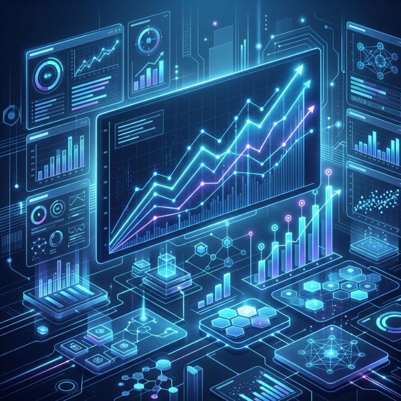 Abstract search engine ranking interface showing rising performance signals.