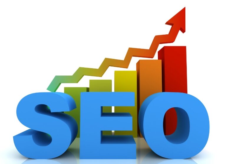 3D blue text reading SEO in front of a colorful bar chart with an upward trending arrow.