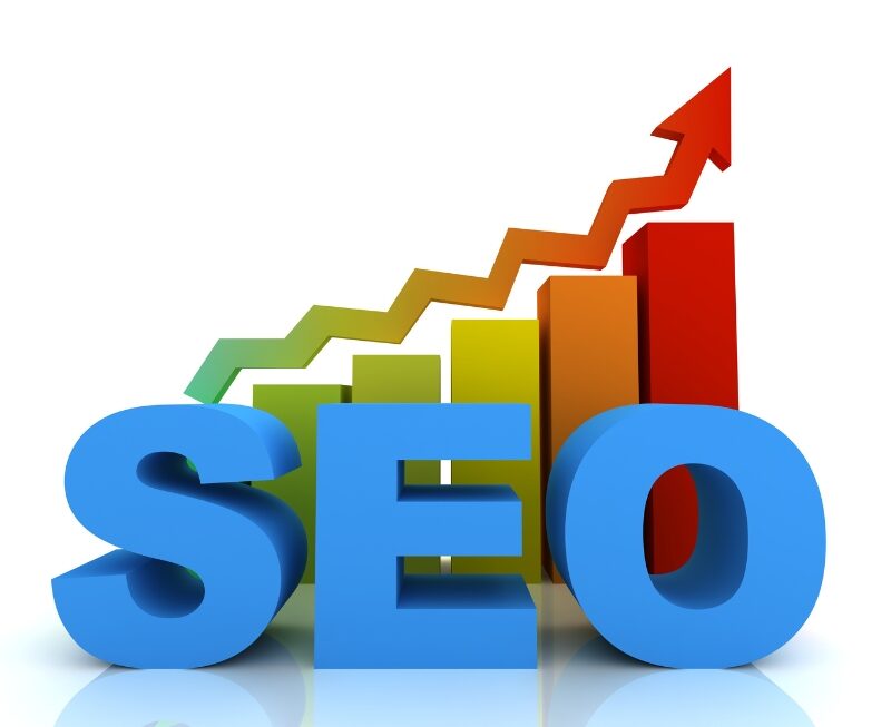 3D blue text reading SEO in front of a colorful bar chart with an upward trending arrow.
