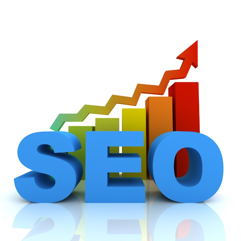 3D blue text reading SEO in front of a colorful bar chart with an upward trending arrow.