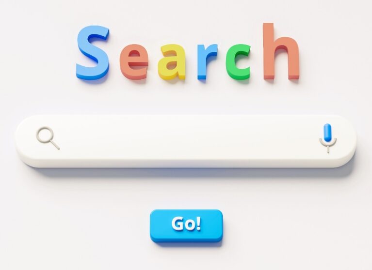 3D rendered search bar on a white background representing modern ai search technology.