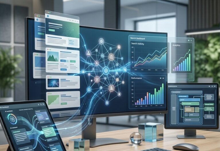 A modern website content dashboard displaying structured content blocks, schema connections, analytics charts and AI search visibility indicators, representing answer engine optimisation best practices.