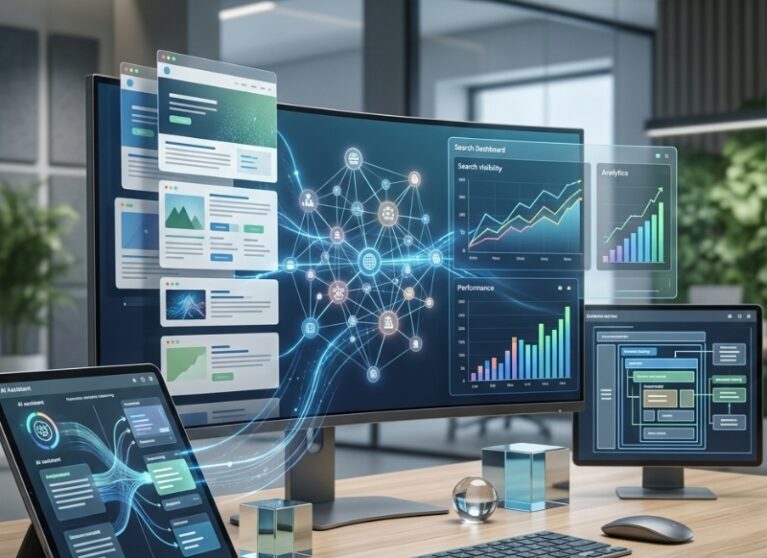 A modern website content dashboard displaying structured content blocks, schema connections, analytics charts and AI search visibility indicators, representing answer engine optimisation best practices.