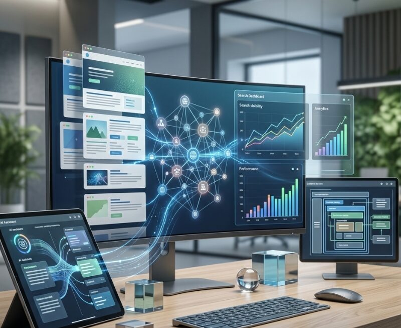 A modern website content dashboard displaying structured content blocks, schema connections, analytics charts and AI search visibility indicators, representing answer engine optimisation best practices.