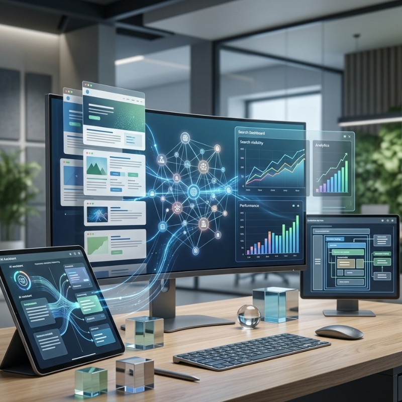 A modern website content dashboard displaying structured content blocks, schema connections, analytics charts and AI search visibility indicators, representing answer engine optimisation best practices.