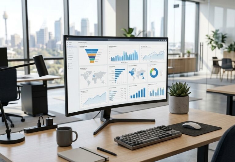 Website analytics dashboard showing conversion funnel, website performance metrics, lead generation insights and user journey data on a modern desktop workspace.